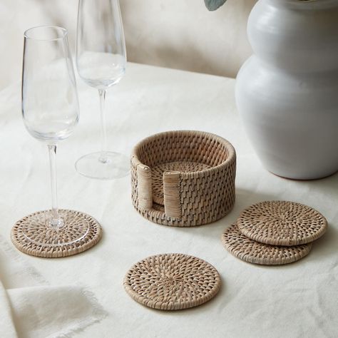 Compliment your tabletop placemats or place this beautiful set of rattan coasters on your coffee table. Handwoven in the finest rattan by traditional artisans, this is high quality rattan made to last. A set of 6 coasters which sit in their own holder to keep them neat. Rattan Placemats Table Settings, Rattan Coasters, Deck Styling, Industrial Cabin, White Rattan, Lounge Luxury, Brand Collateral, Coffee Table Coasters, Lounge Style