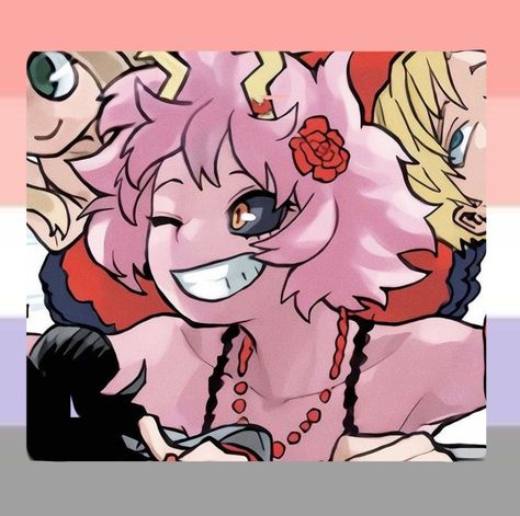 a picute of mina ashido from bnha with the cupioromantic flag around her Mha Pfps, Ashido Mina, Mina Ashido, Mha Icons, Alien Queen, Anime Profile, My Hero Academia Episodes, Hero Academia Characters, My Hero Academy