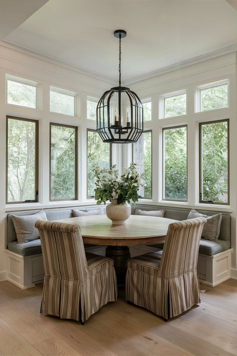 Traditional banquette seating with striped cushions surrounding a round wooden table under a large pendant light in a bay window area Built In Breakfast Nook Bay Window, Bay Window Ideas Kitchen Dining Tables, Banquette Seating In Kitchen Bay Window, Kitchen Nook Ideas Bay Windows, Kitchen With Banquette Seating, Dining Room With Round Table, Bay Window Seating Kitchen, Nook Seating, Breakfast Nook Furniture