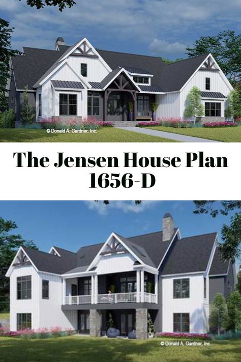 The Jensen house plan 1656-D. 4028 sq ft | 5 Beds | 4.5 Baths. This luxury hillside-walkout design showcases a modern farmhouse exterior with decorative gable trusses and metal roof accents. An elegant floor plan awaits inside with an open great room, island kitchen, and dining room layout. Take living outdoors with a skylit rear porch. Delightful amenities grace the master suite, including a vaulted ceiling, outdoor access, and walk-in closet. #wedesigndreams #walkoutbasement Hillside Floor Plans Walkout Basement, Ranch Floor Plan With Walkout Basement, Vaulted Great Room House Plans, 5 Bed 6 Bath Floor Plan, Main Floor And Basement House Plans, Floor Plans With Vaulted Living Room, Farmhouse Plan With Walkout Basement, Floor Plan Walkout Basement, Basement Bedroom Floor Plans