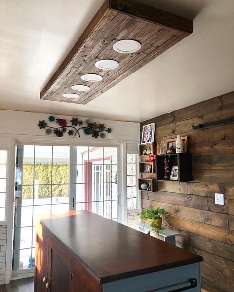 Farmhouse Kitchen Island Lighting Wood, Wood Kitchen Light Fixture, Kitchen Lighting Fixtures Over Island Rustic Wood Beams, Light Box Over Kitchen Island, Kitchen Flourescent Light Box Update, Kitchen Light Box Makeover, Kitchen Overhead Lighting, Modern Industrial Dining Room, Diy Farmhouse Kitchen