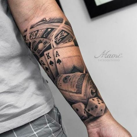 Casino Tattoo Sleeve, Gambler Tattoo, Julian Tattoo, Poker Tattoo, Inner Forearm Tattoo, Money Tattoo, Men Tattoos Arm Sleeve, Forearm Sleeve Tattoos, Inner Forearm