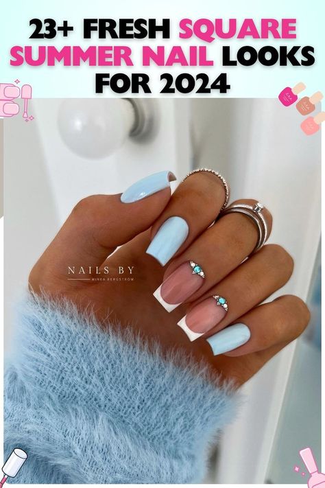 Elegant square summer nails combining French tips with sky blue acrylic polish, adorned with tiny gemstones, perfect for formal and casual summer occasions, with a chic glossy finish. Square Summer Nails, Summer Nail Looks, Spring Break Nails, Summer Nail Ideas, Summer Gel Nails, Summer Nail Designs, Nail Looks, Square Nail Designs, Broken Nails