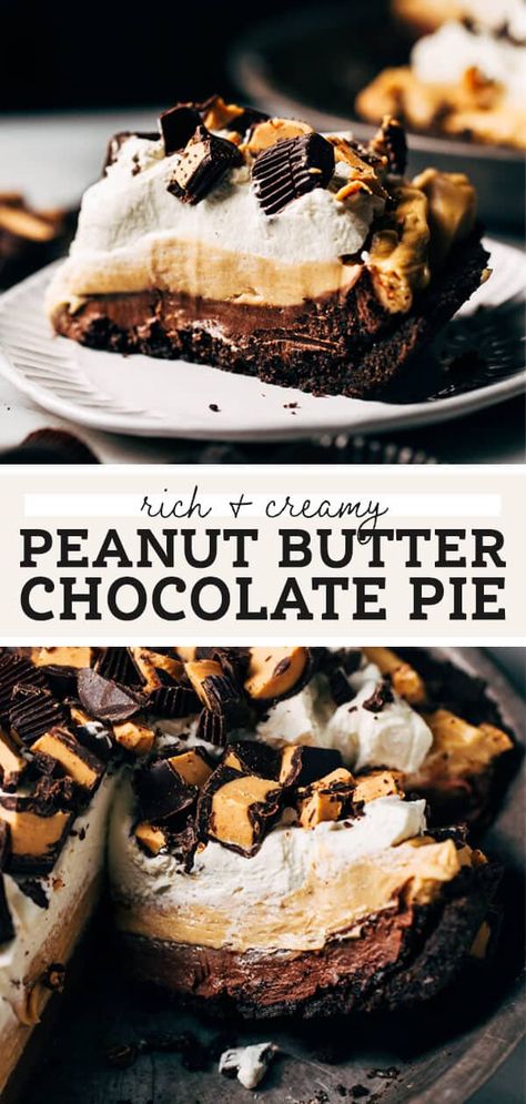 This chocolate peanut butter pie has layers of silky chocolate pudding, light peanut butter mousse, and fluffy whipped cream on top. The textures are so dreamy and yet the pie isn't overly rich. The flavors are perfectly balanced to bring out the best of each layer. #chocolatepeanutbutter #peanutbutterchocolate #peanutbutterpie #pie #chocolatepeanutbutterpie #butternutbakery | butternutbakeryblog.com Homemade Chocolate Peanut Butter, Peanut Butter Mousse, Chocolate Peanut Butter Pie, Oreo Crust, Peanut Butter Desserts, Peanut Butter Pie, Butter Pie, Perfect Pies, Chocolate Pies