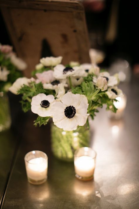 Bright White Anemone Centerpieces July Wedding Centerpieces, Anemone Centerpiece, Anemone Wedding, Peonies And Hydrangeas, White Anemone, July Wedding, Anemone Flower, Mason Jar Centerpieces, Flower Girl Hairstyles