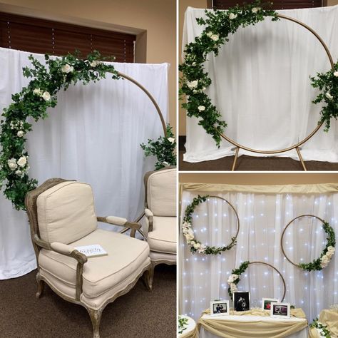 Wedding arch, Floral wedding hoops, huge floral hoop, backdrops, shower decorations Bridal Shower Round Arch Ideas, Gold Hoop Backdrop, Floral Hoops Backdrop, Gold Hoop Photo Backdrop, Baby Shower Flower Ring Backdrop, Bridal Shower Circle Backdrop, Bridal Shower Balloon Arch Circle, Bridal Shower Photos, Shower Bench