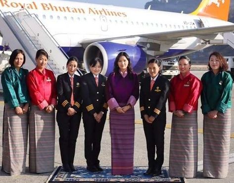 Queen Jetsun Pema met with the all-women crew of Druk Air flight KB 130 on International Women’s Day. The Queen congratulated the women, who made history by being the first all-women crew to operate a Druk Air flight. Jetsun Pema, Royal Attire, March Calendar, Air Flight, International Women’s Day, Royal House, Bhutan, Cabin Crew, Woman’s Day