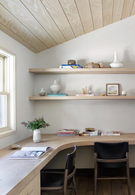 Home Tour | Find Sweet Solace at Jennifer Robin Interiors’ Sugar Bowl Project — Scout & Nimble Office Vaulted Ceiling, Built In Desk Shelves, Bedroom Desk Built In, Curved Desk Office, Floating Shelves Study, Desk Built In, Home Office Floating Desk, Built In Desk And Shelves Office, Floating Wood Desk