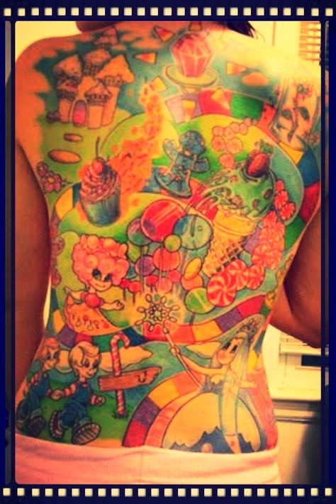 Candyland Tattoo Tattoo Nightmares, Candy Tattoo, Gaming Tattoo, Candy Art, Tattoos Gallery, Back Pieces, Back Tattoos, Skin Art, Love Tattoos