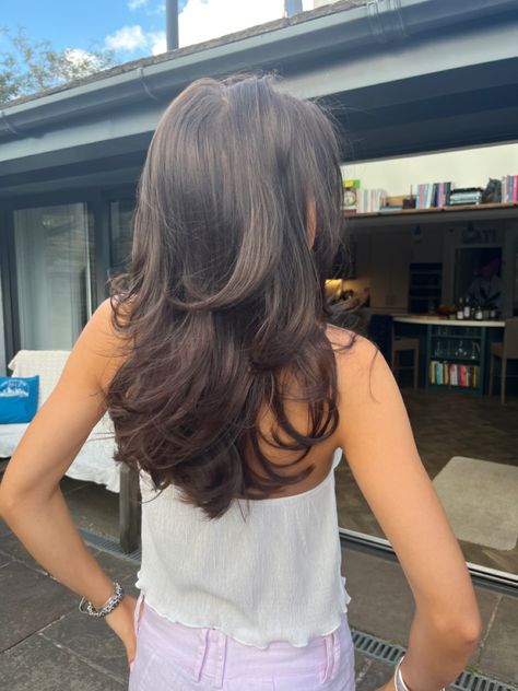 #brunette #hair #blowout #inspo #layers Thick Dark Hair Styles, Brown Hair Blowout Layers, Intense Layers Hair, Loose Curls Long Hair Brunette, Blowout Hair Inspo Pics, Mid Length Hair With Heavy Layers, Hair Cuts For Thick Hair Long Layered, Hair Down Blowout, Haircuts For Thick Wavy Hair Frizzy