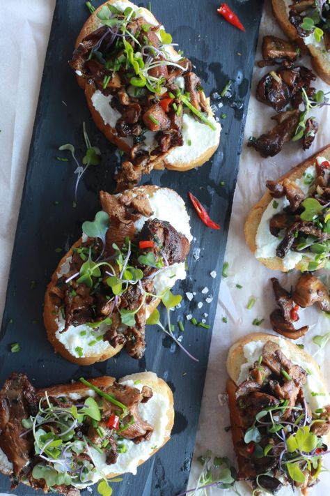 Chanterelle Mushroom Recipes, Mushroom Bruschetta, Mushroom Appetizers, Foraging Recipes, First Bite, Mushroom Recipes, Dinner Menu, Appetizer Snacks, Ricotta