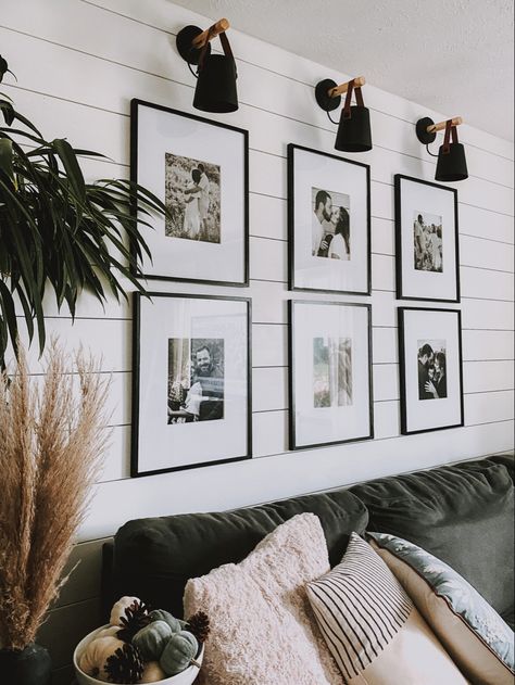 Head Bed Wall Decor, Accent Wall With Large Pictures, Decorating An Accent Wall, Bare Wall Decor Living Room, Living Room Open Wall Decor, Black Wall In Kitchen Ideas, Small Wall Farmhouse Decor, Black Wall With Photos, Small Wall Decoration