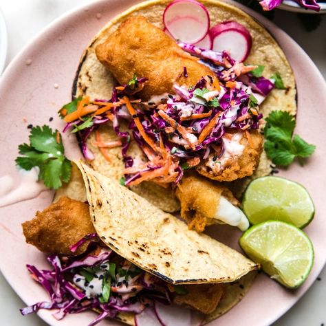 Paleo Fried Fish, Fish Taco Toppings, Red Cabbage Coleslaw, Fried Fish Tacos, Battered Fish Tacos, Beer Battered Fish Tacos, Fish Taco Sauce, Homemade Taco Seasoning Recipe, The Modern Proper