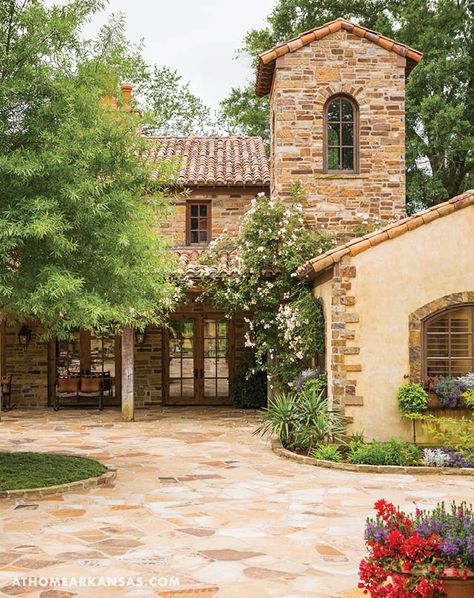 rustic luxury home in Arkansas.  stone, tile roof.  home accents, lighting, and draperies for this style at DesignNaSHVILLE.COM Rustic Farmhouse Exterior, Rustic Italian Decor, Italian Style Home, Rustic Italian Home, Tuscan Farmhouse, Italian Farmhouse, Farmhouse Exterior Design, Villas In Italy, Tuscan Design