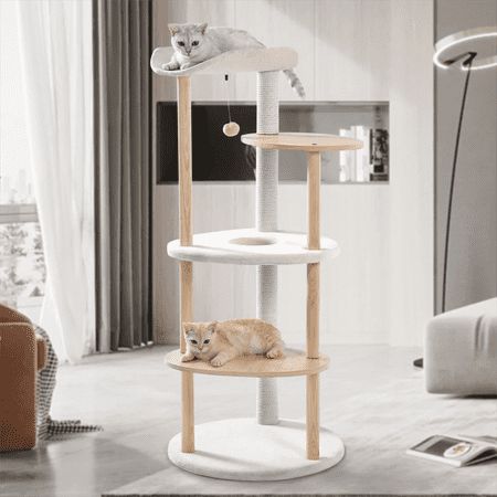 Not too steep and of medium height, this cat tree spares you from such worry that your small or old cat friend may climb too high to hurt themselves. All the platforms are spacious enough to accommodate two cats. Its medium size and neat design are perfect for you if your cat already has a comfortable house and you just want to buy him a climbing tower so that he can always have a look outside through the window. Its beige and white color can well fit in your house decoration. This cat tree can be cleaned either with a lint roller or by giving it a scrub. The top groove is designed to give your baby cat a feeling of embracement, which is vital to her sense of safety. The wooden elements added in this cat tower and the irregular platforms modernize the whole cat tree. When designing this ca Modern Cat Tower, Luxury Cat Tree, Cat Tree House, Modern Cat Tree, Luxury Cat, Activity Center, Indoor Cats, Cat Climbing, Cat Scratching Post