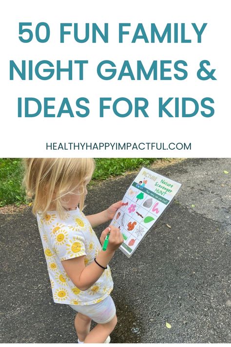 Young child playing an outdoor scavenger hunt game from a printed list, promoting 50 fun family night games and ideas. Family Night Ideas At Home, Games Ideas For Kids, Family Night Games, Family Activities At Home, Family Night Ideas, Picture Scavenger Hunts, Family Night Activities, Delicious Dinner Ideas, Used Legos