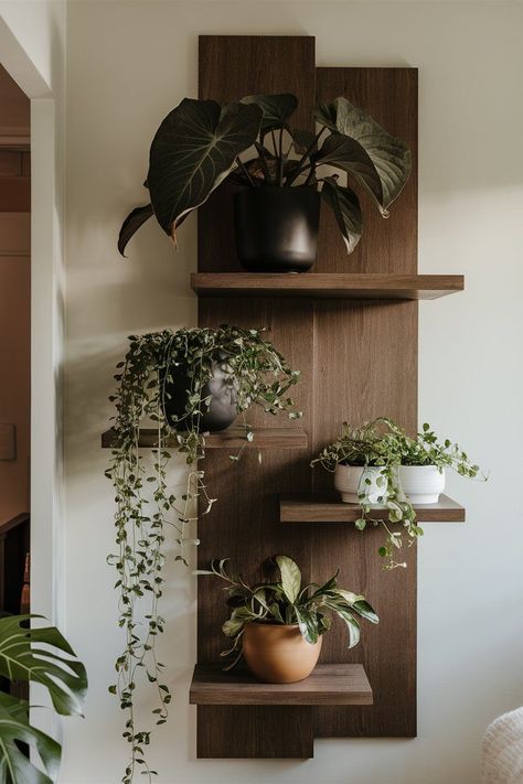 Plant Shelf Diy Indoor, Indoor Plant Wall Shelves, Plant Feature Wall, Plant On Shelf, Mens Wall Decor, Plant Shelves Indoor, Plant Art Wall, Plants Shelves, Floating Wooden Shelves