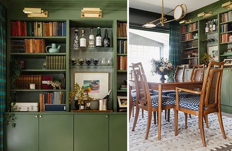 Deep green color with brass gallery lighting turns simple dining room shelving into a midcentury-marvelous focal point. Color: Oakmoss SW 6180 (213-C6). Photo courtesy of Studio Plumb. Sw Oakmoss, Dining Room Shelving, Moss Paint, Simple Dining Room, Historic Colours, Nostalgic Design, Gallery Lighting, Colored Ceiling, Green Paint Colors