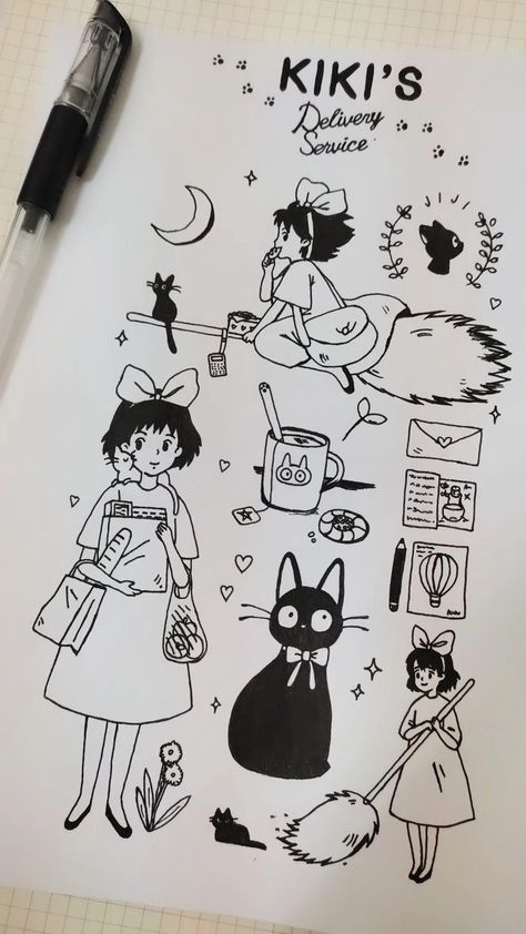 𝐊𝐢𝐤𝐢'𝐬 𝐃𝐞𝐥𝐢𝐯𝐞𝐫𝐲 𝐒𝐞𝐫𝐯𝐢𝐜𝐞 𝐝𝐫𝐚𝐰𝐢𝐧𝐠♡ Kiki's Delivery Service Drawing, Studio Ghibli Tattoo, Studio Ghibli Fanart, Ghibli Tattoo, Seni 2d, صفحات التلوين, Ghibli Artwork, Kiki's Delivery Service, Animale Rare