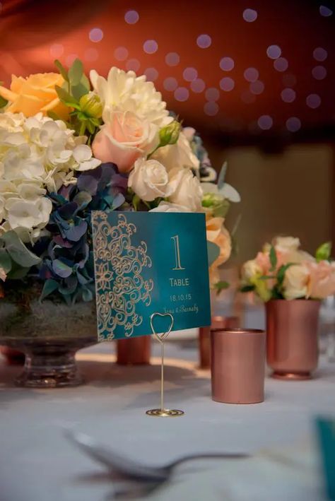 Copper Wedding Centerpieces, Painshill Park, Teal And Grey Wedding, Teal Wedding Flowers, Teal Candles, Copper Wedding Decor, Teal Blue Weddings, Teal And Copper, Teal Wedding Colors