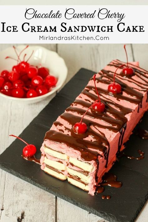 Chocolate Covered Cherry Ice Cream Sandwich Cake is a simple summer treat anybody can make in 20 minutes. It got rave reviews at my house and for good reason. It is wonderful! My amazing recipe for hot fudge sauce is included and it is the best chocola Cherry Ice Cream Cake, Jello Frosting, Chocolate Cherry Ice Cream, Cream Sandwich Cake, Chocolate Covered Cherry, Ice Cream Sandwich Cake, Cherry Ice Cream, Hot Fudge Sauce, Chocolate Covered Cherries