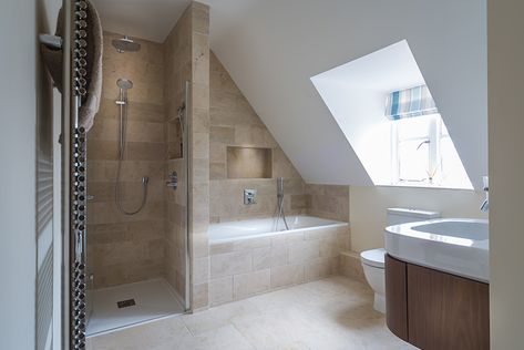 En Suite Shower Room Sloping Roof, Sloped Roof Bathroom Ideas, Bath Under Stairs Ideas, Bathroom Over Stairs Bulkhead, Bathrooms With Pitched Ceilings, Bathroom Vanity Under Sloped Ceiling, Bathroom Pitched Roof, Sloped Ceiling Bathroom Tub, Medium Size Bathroom Ideas