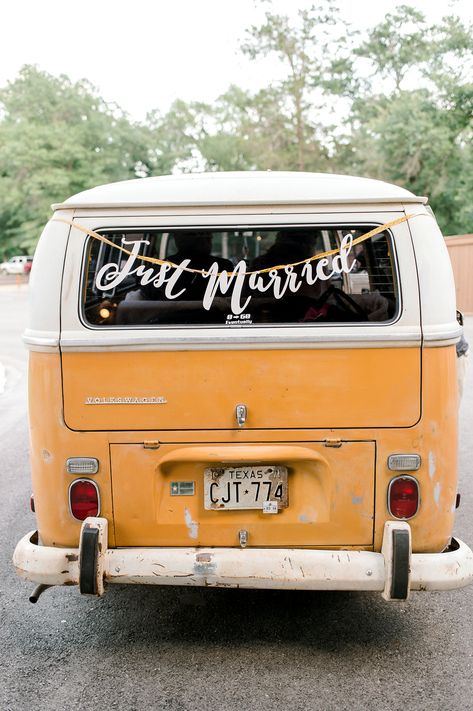 | just married banner | bohemian wedding photo booth bus | just married wedding sign | wedding send off car decoration ideas | dfw wedding | boho wedding ideas | wedding volkswagen photo booth van | boho wedding reception ideas | photo taken at THE SPRINGS Event Venue. follow this pin to our website for more information, or to book your free tour! SPRINGS location:  Poetry Hall in Rockwall, TX photographer:  Beatbox Portraits #bohowedding #bohemianwedding #dfwwedding #weddingsign #weddinginspo 70s Wedding Aesthetic, Volkswagen Wedding, Terrarium Centerpieces, Diy Bridesmaid Dress, Boho Garden Wedding, Boho Bridesmaids, Cars Decorations, Peony Bouquets, Succulent Wedding Invitations