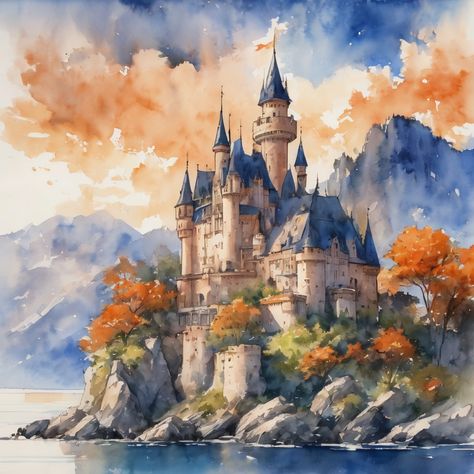 Cute vintage castle,orange color scheme, AI art, Watercolor painting, landscape art Animals Landscape, Castle Illustration, Castle Drawing, Castle Painting, Castle Aesthetic, Castle Art, Image Painting, Fairytale Castle, Fantasy Castle