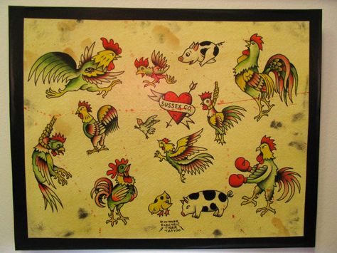 Original hand drawn and painted vintage inspired tattoo flash by Drew Winner Sleeve Tattoos Ideas, Chicken Tattoo, Rooster Tattoo, Vintage Style Tattoos, Traditional Flash, Back Of Shoulder Tattoo, Tattoo Traditional, Vintage Flash, Style Tattoo