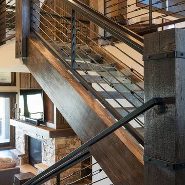 Cable Railing Staircase, Modern Wooden Staircase, Transitional Staircase, Rustic Staircase, Modern Mountain House, Rustic Stairs, Wooden Staircase, Lake House Interior, Stairs In Living Room