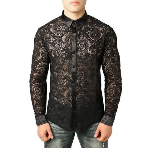 Lace Shirt Men, Steam Punk Fashion, Black Lace Shirt, Lace Ideas, Lace Long Sleeve Shirt, Men Party, Floral Shirts, Queer Fashion, Mesh Shirt