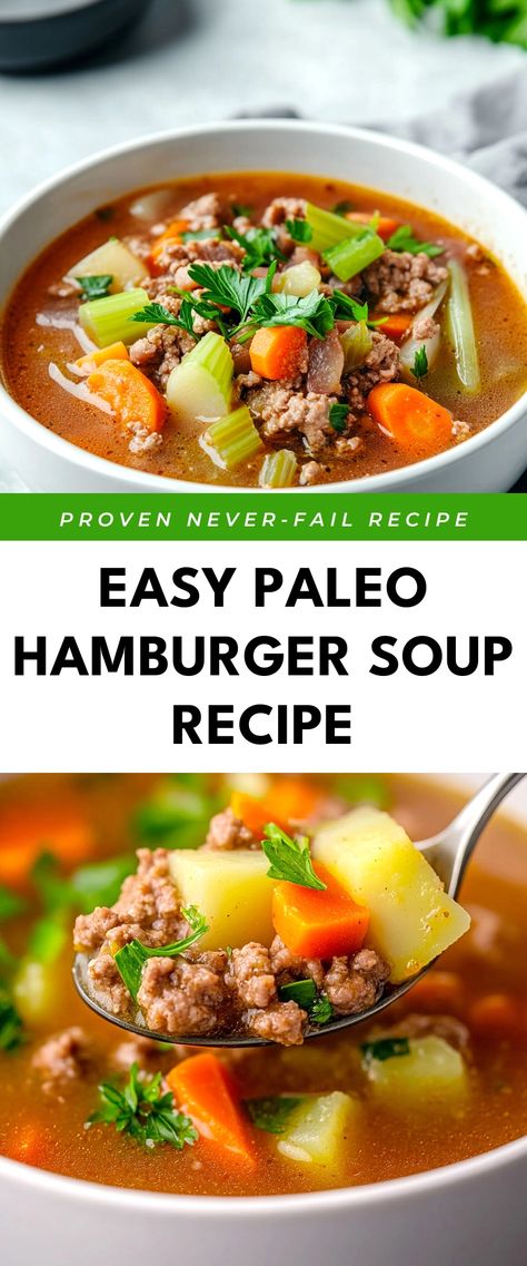 Image for Easy Paleo Hamburger Soup Recipe Paleo Hamburger Soup, Paleo Hamburger Recipes, Regular Burger, Paleo Soup Recipe, Hamburger Soup Recipe, Paleo Soups, Paleo Soup, Hamburger Soup, Recipes Paleo