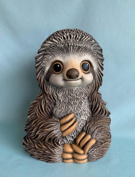 Ceramic Sloth Large Size Sloth Spring Decor Yard Art | Etsy Perfect Guy, Coil Pottery, Big Brown Eyes, Whimsical Wall Art, Polymer Clay Figures, Sloth Gift, Cute Fantasy Creatures, Clay Pot Crafts, Polymer Clay Animals