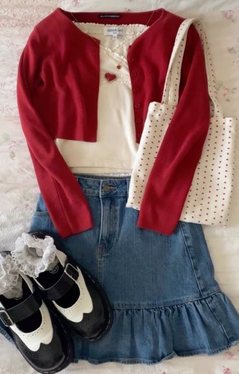 White Lace Socks, Jean Skirt Black, Red Americana, Angela Clayton, Wine Red Sweater, Red Christmas Outfit, Preppy Chic Outfits, Beige Tank Top, Cute Valentines Day Outfits