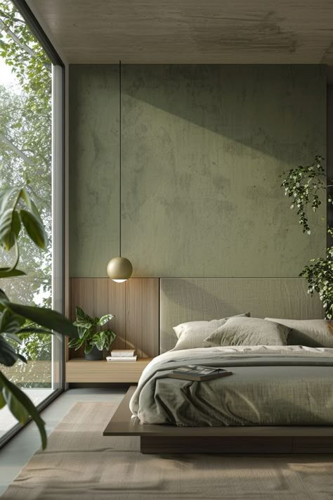 Sage Green Bedroom Backdrops For Bedrooms, Modern Minimalist Bedroom Design Ideas, Bedding For Sage Green Walls, Calming Primary Bedroom, Green Calm Bedroom, Sage Green Interiors, Guest Bedroom Ideas Minimalist, Bedroom Backdrop Ideas, Bedroom Inspirations Sage Green