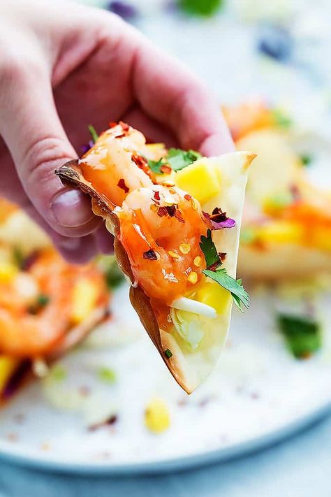 Firecracker Shrimp Wonton Tacos | Creme De La Crumb Firecracker Shrimp Tacos, Firecracker Shrimp, Sweet And Spicy Shrimp, Wonton Tacos, Shrimp Wonton, Crispy Tacos, Wonton Recipes, Popular Appetizers, Crispy Shrimp