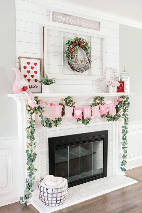 Black Mantle Fireplace, Black Tile Fireplace, Valentine Mantel, Black Mantle, Mantle Fireplace, Valentine's Day Decor, Festive Wreath, My Funny Valentine, Pink Valentines