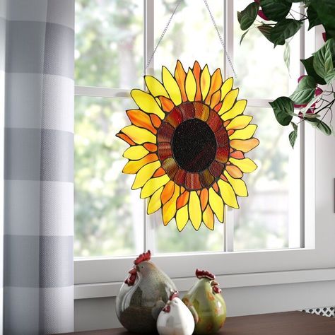 18 Sunflower Gifts That Will Brighten Anyone's Day - Birds and Blooms Glass Sunflower, L'art Du Vitrail, Stained Glass Window Panel, Tiffany Stained Glass, Stained Glass Window Hanging, Stained Glass Flowers, Tiffany Glass, Stained Glass Panel, Glass Butterfly