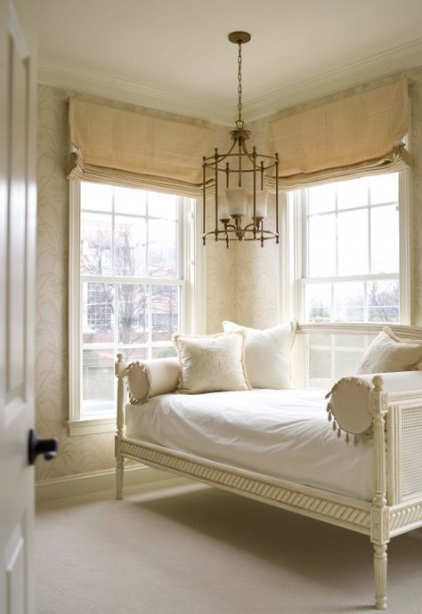 Suzie: Chic bedroom with French cane daybed, ivory bolster pillows with tassels, gold ... French Daybed, Vibeke Design, French Bedroom, Neutral Interiors, Day Bed, Classic Interior, Guest Bedrooms, Beautiful Bedrooms, Dream Bedroom