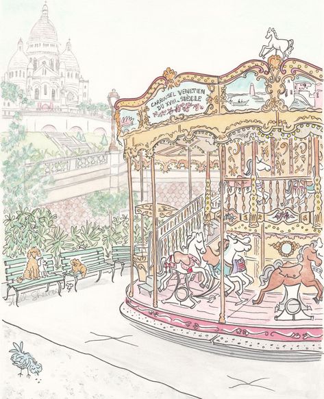 Paris Carousel, French Wall Art, Art Investment, Paris Wall Art, Paris Art, Pinturas Disney, Pen And Watercolor, Montmartre, Giclée Print