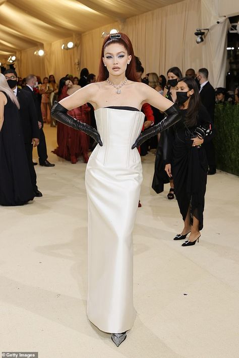 Gigi Hadid turns heads in a strapless white Prada gown and leather arm-length gloves ar Met Gala | Daily Mail Online Vestidos Carolina Herrera, Met Gala Outfits, Met Gala Dresses, Prada Dress, Valentino Gowns, Gala Outfit, Met Gala Red Carpet, Red Carpet Look, White Gown