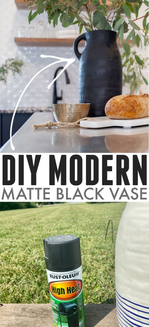 DIY Matte Black Ceramic Vase | The Creek Line House Black Vase Painting Ideas, Painting Vases Diy Ideas, Spray Paint Ceramic, Spray Paint Vases, Diy Painted Vases, Matte Black Spray Paint, Ikea Vases, Painting Pots, High Heat Paint