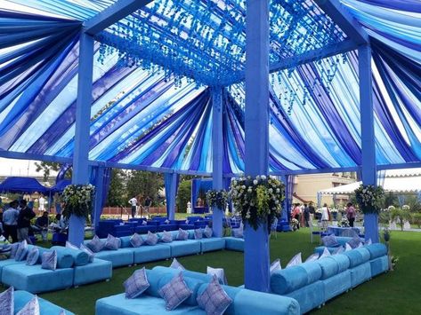 Photo of Vibrant and bright blue decor settings Shadi Decor, Indian Beach Wedding, Sangeet Decoration, Wedding Tent Decorations, Cosy Decor, Carnival Decorations, Wedding Decor Photos, Wedding Background Decoration, Wedding Entrance Decor