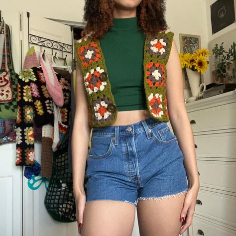 crochet vest i made depop: iridescentsav Crochet Vest Outfit, Vest Patterns, Crochet Sweater Dress, Hippie Crochet, 70s Inspired Fashion, Crochet Vest, Unique Crochet, Free Crochet Patterns, Mode Vintage