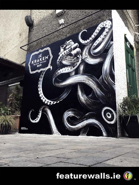 The Kraken Rum Mural Nautical Mural, Kraken Rum, Kraken Art, Bad Painting, Painted Mural, Wine Packaging Design, The Kraken, Octopus Art, Buddha Painting