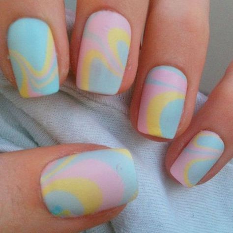 Water marble nail art design in baby pink, yellow and blue colors. Pink Tie Dye Nails, Yellow Marble Nails, Yellow And Blue Nails, Nail Design Glitter, Water Marble Nail Art, Water Marble Nails, Marble Nail Designs, Marble Nail, Water Marble