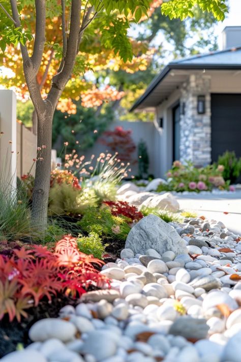 Explore chic front yard ideas using elegant white rocks to transform your outdoor space into a stylish modern haven. California Drought Tolerant Landscape, White Rock Landscaping Ideas, Rock Front Yard, White Rock Landscaping, Front Yard Ideas, Rock Landscaping Ideas, Rock Landscaping, Landscaping Inspiration, White Pebbles