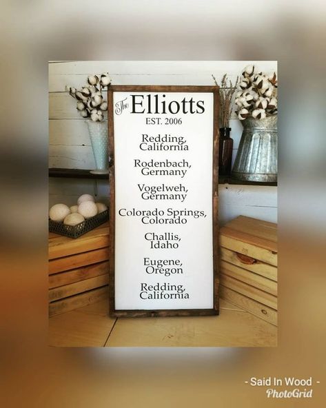 Places lived sign, cities we've lived sign, #housewares @EtsyMktgTool #placeslivedsign #citysign #citieslivedsign #placeswe'velived Last Name Sign Wedding, Army Family, City Sign, State Signs, Last Name Sign, Places To Live, Farmhouse Style Sign, Last Name Signs, Wine Bottle Decor