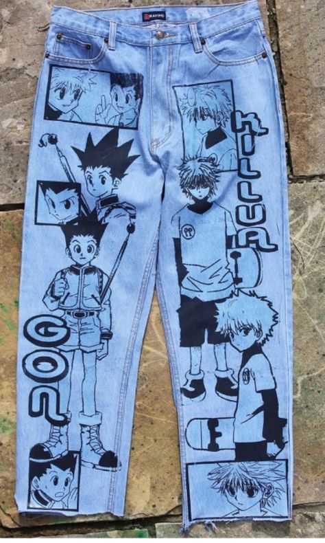 Anime Jeans Painting, Anime Jeans, Jeans Painting, Painted Jean Jacket, Male Jeans, Reworked Clothes, Anime Diy, Diy Pants, Fabric Paint Diy