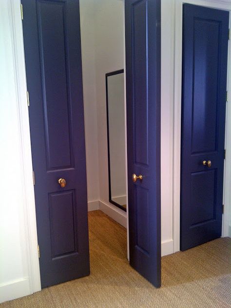 Paint Doors Interior, Bathroom Door Knob, Double Door Entryway, Blue Doors, Ann Mashburn, Painted Door, Grey Doors, Closet Remodel, Dressing Rooms